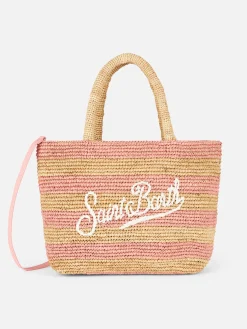 Rosa gestreifte Raffia Beach Midi-Tasche mit Baumwollbeutel