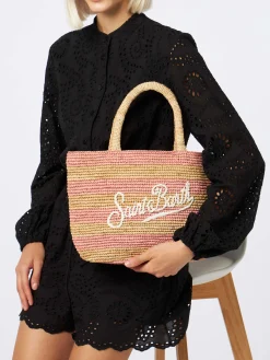 Rosa gestreifte Raffia Beach Midi-Tasche mit Baumwollbeutel