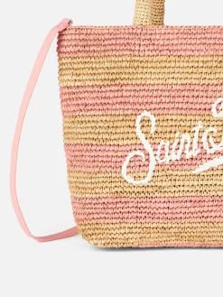Rosa gestreifte Raffia Beach Midi-Tasche mit Baumwollbeutel