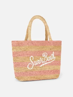 Rosa gestreifte Raffia Beach Midi-Tasche mit Baumwollbeutel