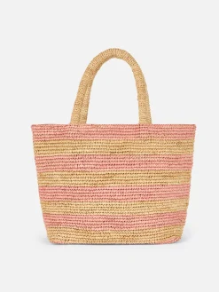 Rosa gestreifte Raffia Beach Midi-Tasche mit Baumwollbeutel
