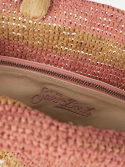 Rosa gestreifte Raffia Beach Midi-Tasche mit Baumwollbeutel