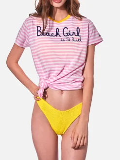 Rosa gestreiftes Damen-T-Shirt mit Beach Girl-Stickerei