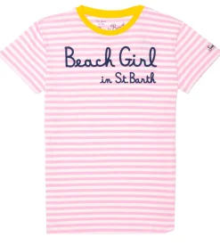 Rosa gestreiftes Damen-T-Shirt mit Beach Girl-Stickerei