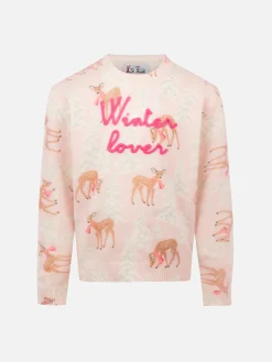 Rosa Rundhalspullover für Mädchen „Princess“ mit Pinien-Rehkitz-Print und „Winter Lover“-Stickerei