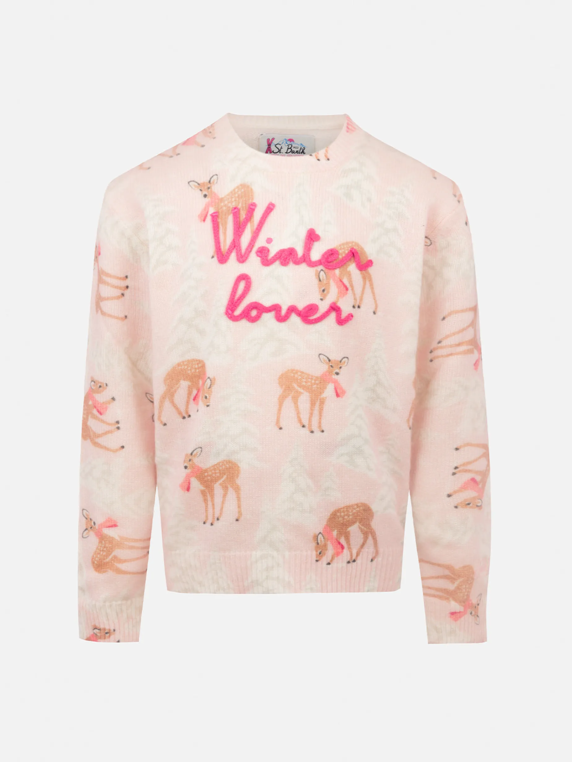 Rosa Rundhalspullover für Mädchen „Princess“ mit Pinien-Rehkitz-Print und „Winter Lover“-Stickerei
