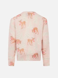 Rosa Rundhalspullover für Mädchen „Princess“ mit Pinien-Rehkitz-Print und „Winter Lover“-Stickerei