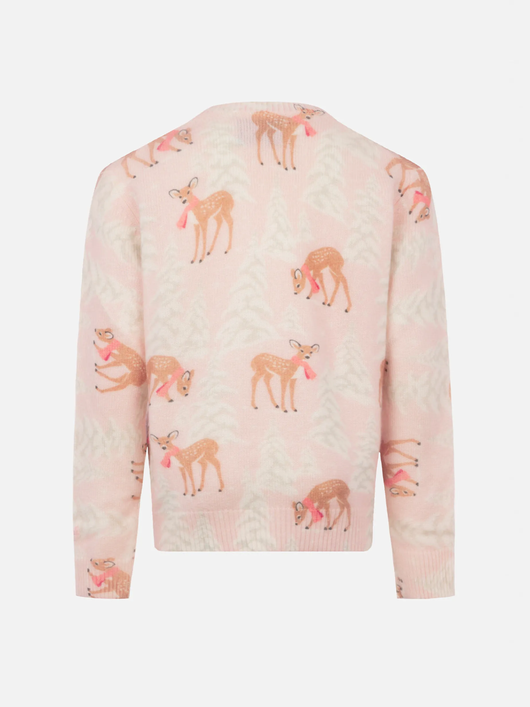 Rosa Rundhalspullover für Mädchen „Princess“ mit Pinien-Rehkitz-Print und „Winter Lover“-Stickerei