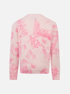 Rosa Rundhalspullover für Mädchen „Princess“ mit Toile de Jouy-Druck und Stickerei „Schneeprinzessin“