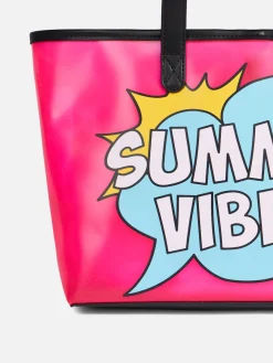 Rosa transparente PVC-Strandtasche mit Summer Vibes-Aufdruck