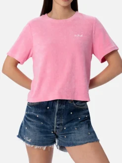 Rosa T-Shirt mit Rundhalsausschnitt aus Frottee-Baumwolle für Damen Aleja