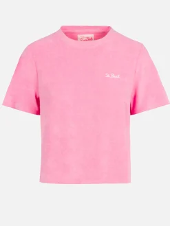 Rosa T-Shirt mit Rundhalsausschnitt aus Frottee-Baumwolle für Damen Aleja