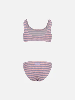 Rosa und lila gestreifter klassischer Crinkle-Bikini für Mädchen von Baker