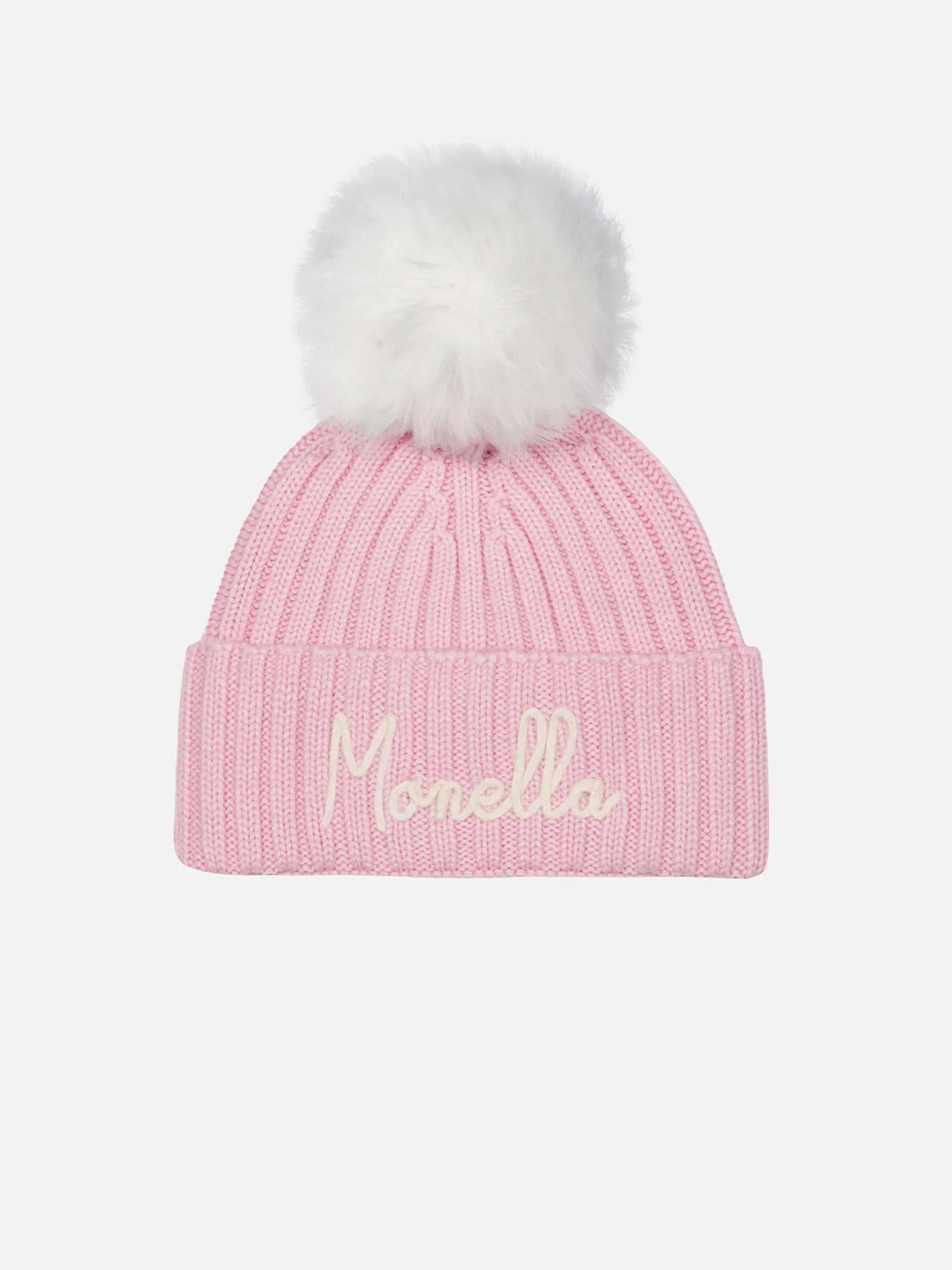 Rosa Wengen-Mütze für Mädchen mit Pompon und Monella-Stickerei