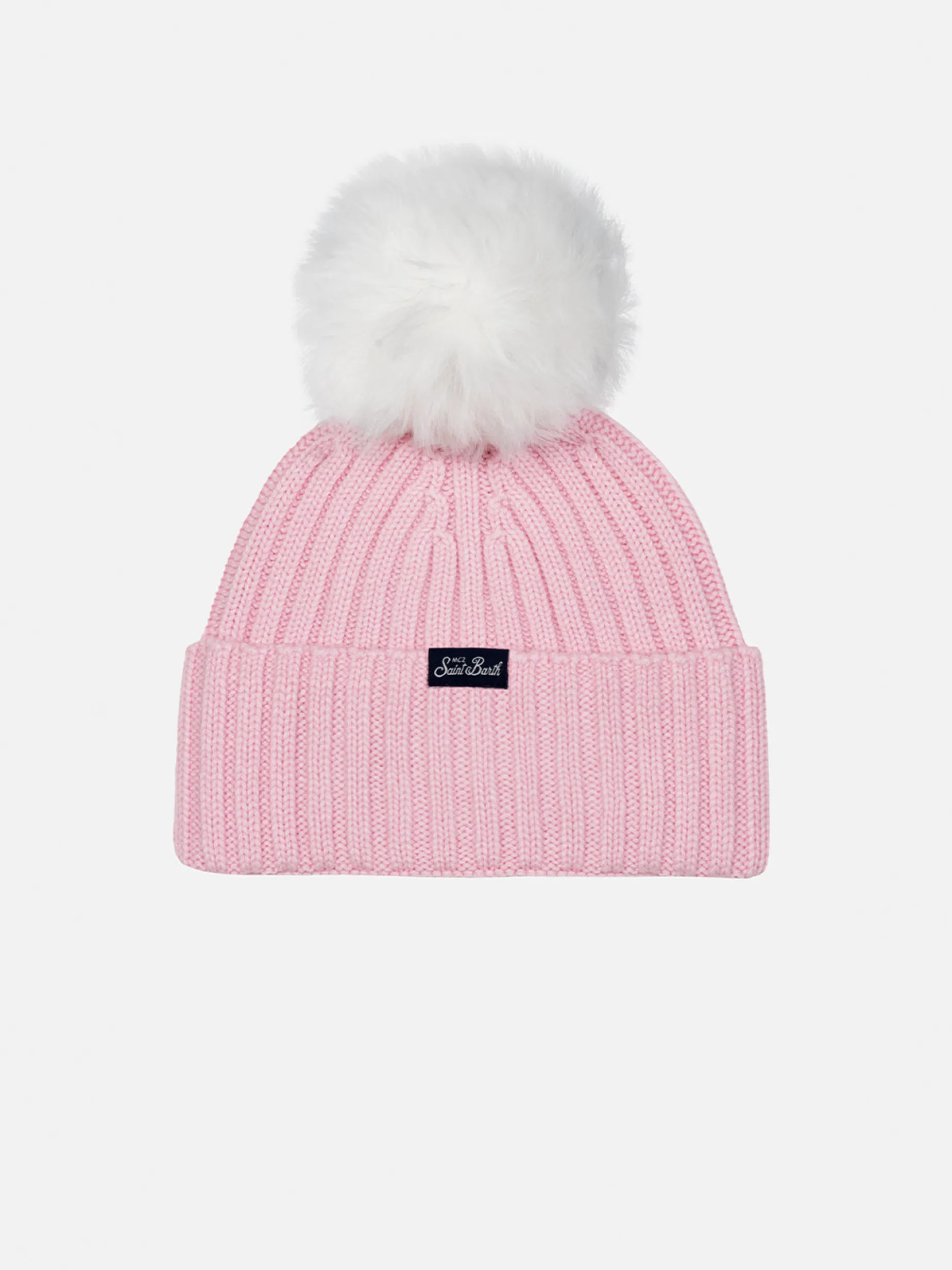 Rosa Wengen-Mütze für Mädchen mit Pompon und Monella-Stickerei