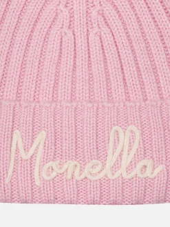 Rosa Wengen-Mütze für Mädchen mit Pompon und Monella-Stickerei