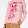 Rosafarbener Damenpullover mit Rundhalsausschnitt und Pink Panther Ancora Tu? Drucken | DIE PINK PANTHER SONDEREDITION