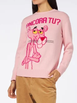 Rosafarbener Damenpullover mit Rundhalsausschnitt und Pink Panther Ancora Tu? Drucken | DIE PINK PANTHER SONDEREDITION
