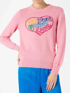 Rosafarbener Damenpullover Alles, was Sie brauchen, ist Liebesstickerei