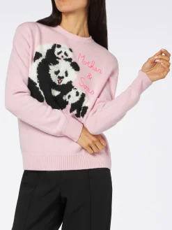 Rosafarbener Damenpullover mit Rundhalsausschnitt und „Mother & Sons“-Stickerei