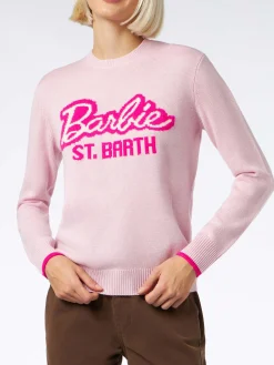 Rosafarbener Damenpullover mit Rundhalsausschnitt und Barbie-Aufdruck | BARBIE-SONDEREDITION