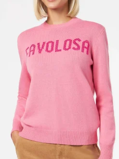 Rosafarbener Damenpullover mit Rundhalsausschnitt und Favolosa-Strass-Print