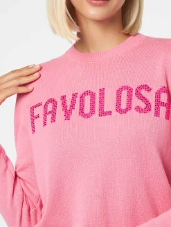 Rosafarbener Damenpullover mit Rundhalsausschnitt und Favolosa-Strass-Print