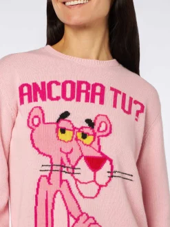 Rosafarbener Damenpullover mit Rundhalsausschnitt und Pink Panther Ancora Tu? Drucken | DIE PINK PANTHER SONDEREDITION