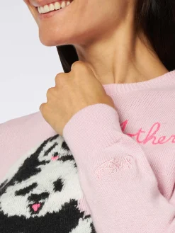 Rosafarbener Damenpullover mit Rundhalsausschnitt und „Mother & Sons“-Stickerei