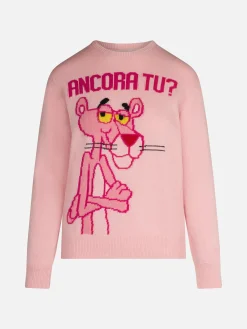 Rosafarbener Damenpullover mit Rundhalsausschnitt und Pink Panther Ancora Tu? Drucken | DIE PINK PANTHER SONDEREDITION