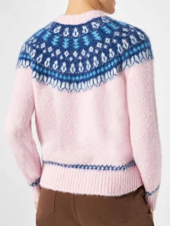 Rosafarbener Damen-Rundhalspullover aus nordischem Jacquard