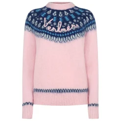 Rosafarbener Damen-Rundhalspullover aus nordischem Jacquard