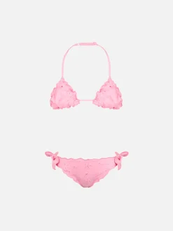 Rosafarbener klassischer Triangel-Bikini Cris für Mädchen mit Sangallo-Stickerei