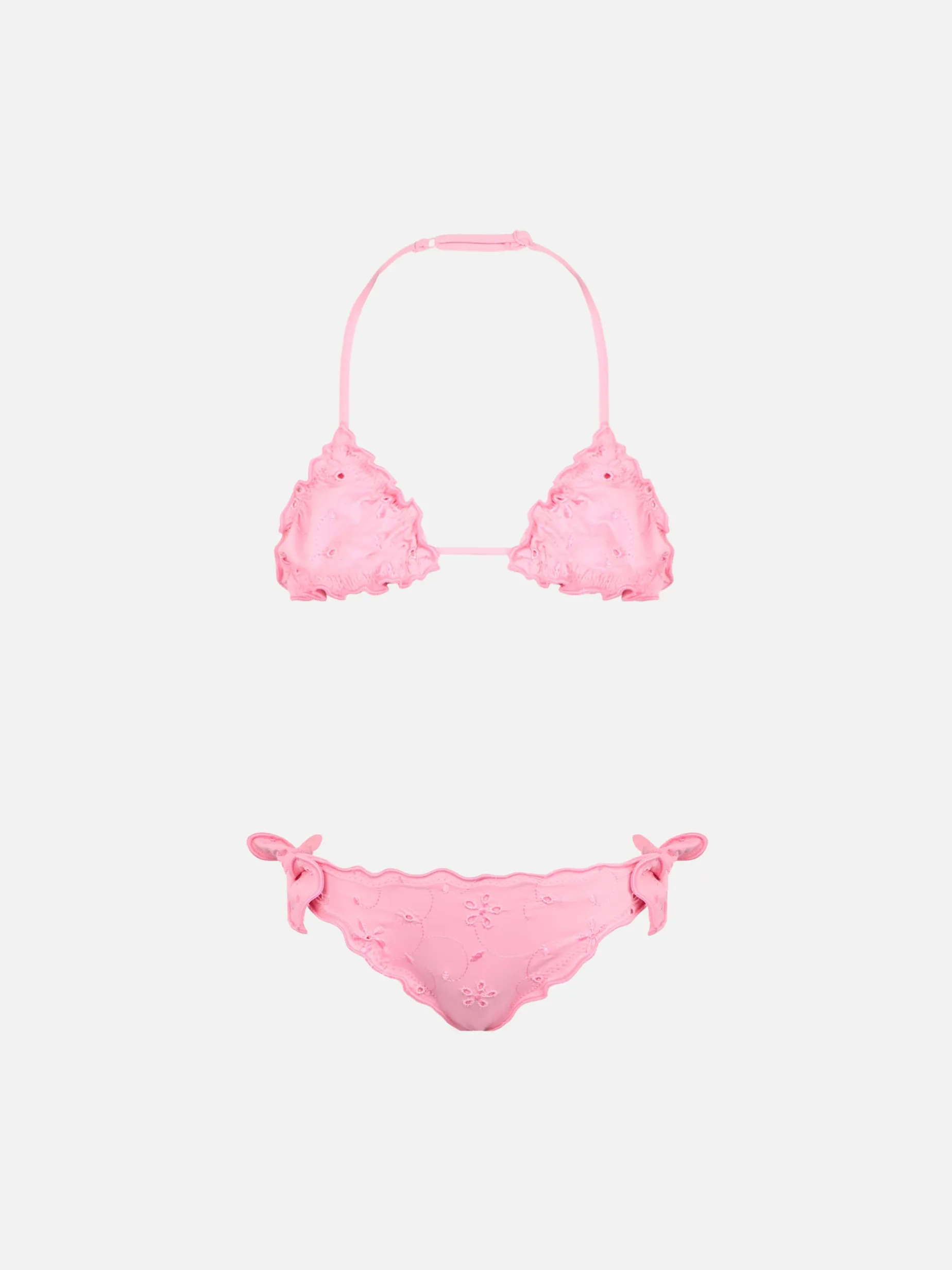 Rosafarbener klassischer Triangel-Bikini Cris für Mädchen mit Sangallo-Stickerei