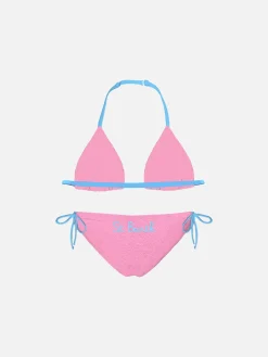 Rosafarbener Mädchen-Triangel-Bikini mit Paspelierung