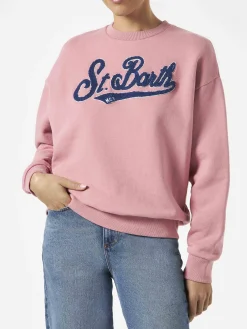 Rosafarbenes Damen-Fleece-Sweatshirt mit Frottee-Logo