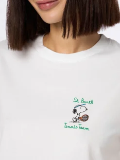 Rosafarbenes Rundhals-T-Shirt Emilie aus Baumwolljersey für Damen mit Snoopy St. Barth Tennis Team-Stickerei | SNOOPY PEANUTS SPECIAL EDITION