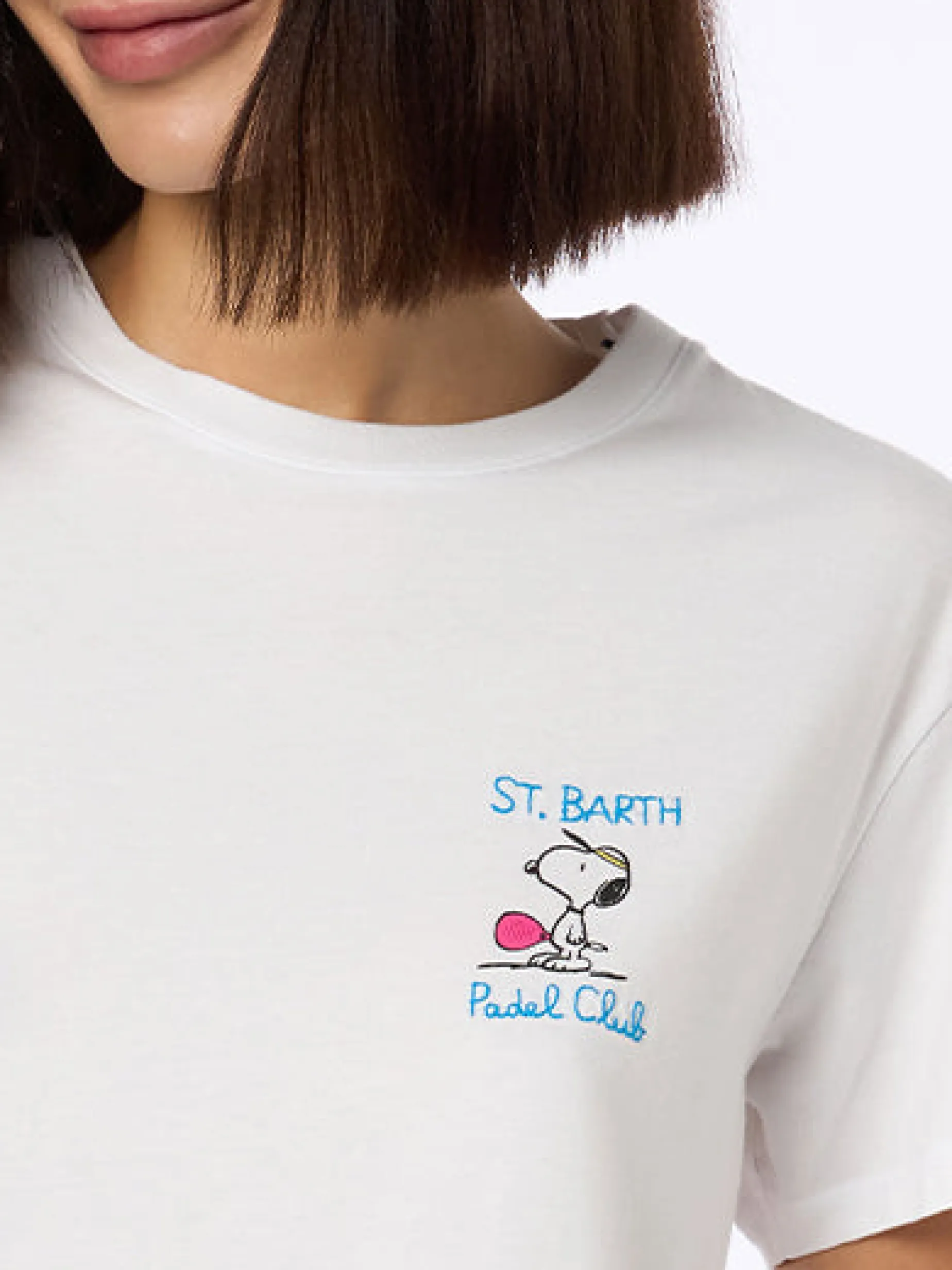 Rosafarbenes Rundhals-T-Shirt Emilie aus Baumwolljersey für Damen mit Snoopy St. Barth Padel Club-Stickerei | SNOOPY PEANUTS SPECIAL EDITION