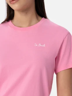 Rosafarbenes Rundhals-T-Shirt Emilie aus Baumwolljersey für Damen