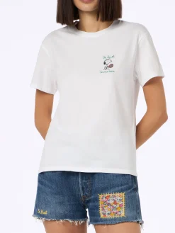 Rosafarbenes Rundhals-T-Shirt Emilie aus Baumwolljersey für Damen mit Snoopy St. Barth Tennis Team-Stickerei | SNOOPY PEANUTS SPECIAL EDITION