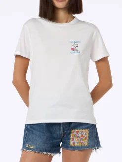 Rosafarbenes Rundhals-T-Shirt Emilie aus Baumwolljersey für Damen mit Snoopy St. Barth Padel Club-Stickerei | SNOOPY PEANUTS SPECIAL EDITION