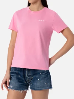 Rosafarbenes Rundhals-T-Shirt Emilie aus Baumwolljersey für Damen