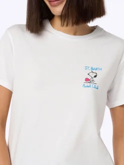 Rosafarbenes Rundhals-T-Shirt Emilie aus Baumwolljersey für Damen mit Snoopy St. Barth Padel Club-Stickerei | SNOOPY PEANUTS SPECIAL EDITION
