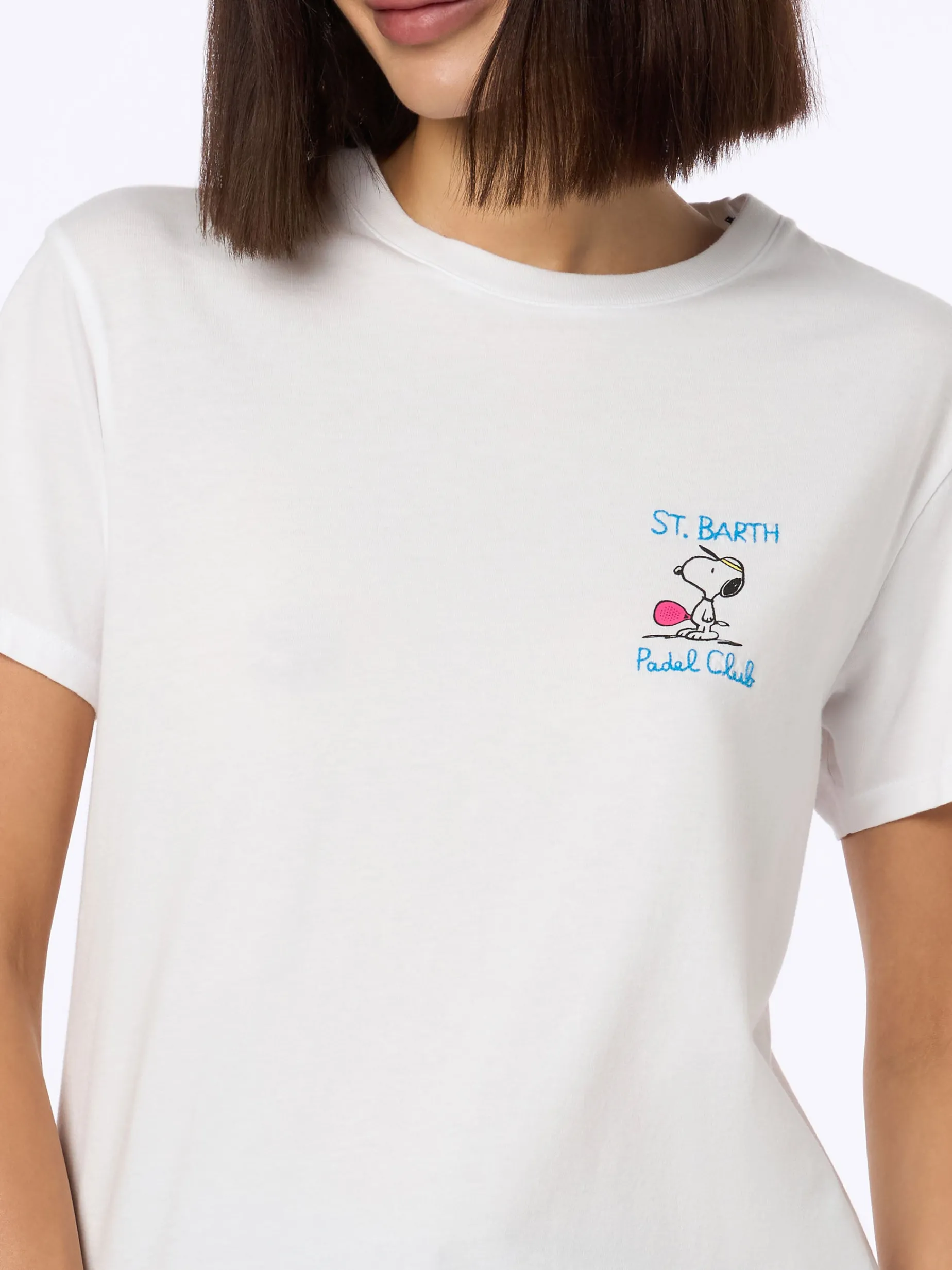 Rosafarbenes Rundhals-T-Shirt Emilie aus Baumwolljersey für Damen mit Snoopy St. Barth Padel Club-Stickerei | SNOOPY PEANUTS SPECIAL EDITION