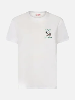Rosafarbenes Rundhals-T-Shirt Emilie aus Baumwolljersey für Damen mit Snoopy St. Barth Tennis Team-Stickerei | SNOOPY PEANUTS SPECIAL EDITION
