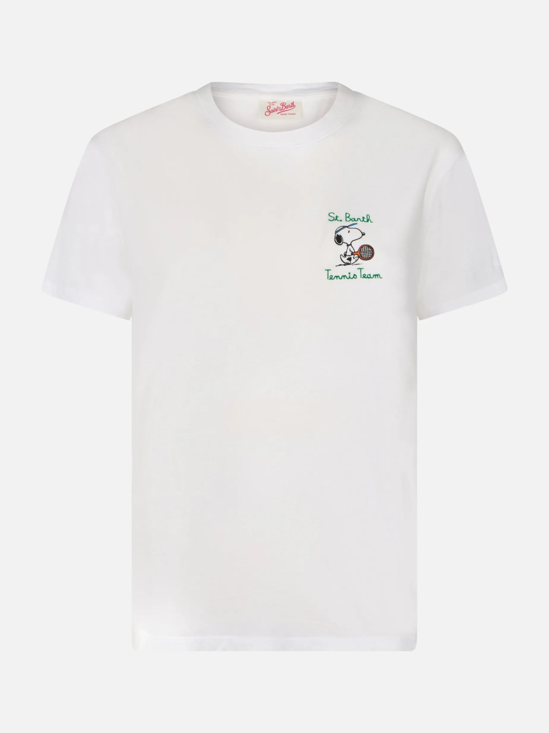 Rosafarbenes Rundhals-T-Shirt Emilie aus Baumwolljersey für Damen mit Snoopy St. Barth Tennis Team-Stickerei | SNOOPY PEANUTS SPECIAL EDITION