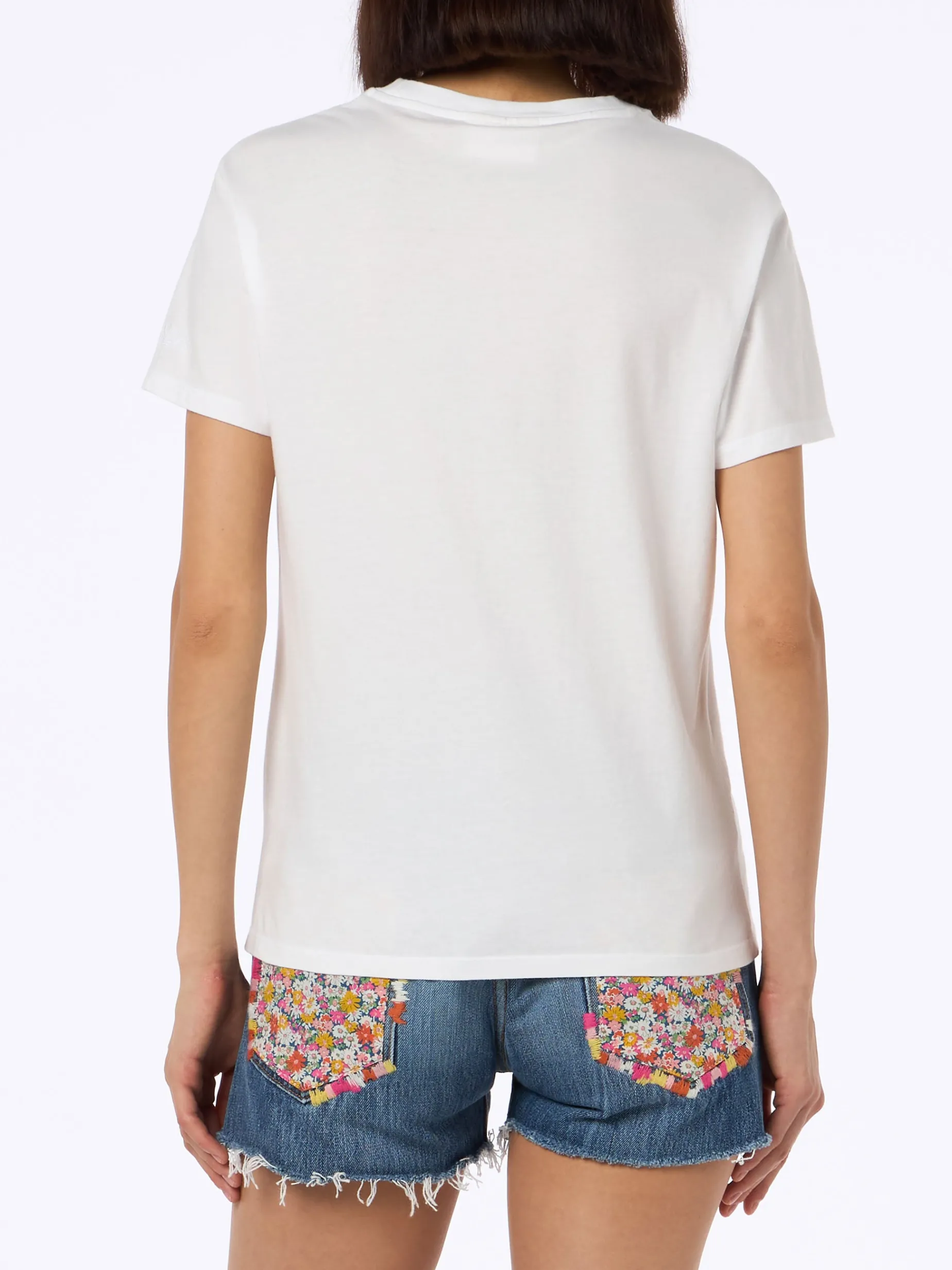Rosafarbenes Rundhals-T-Shirt Emilie aus Baumwolljersey für Damen mit Snoopy St. Barth Padel Club-Stickerei | SNOOPY PEANUTS SPECIAL EDITION