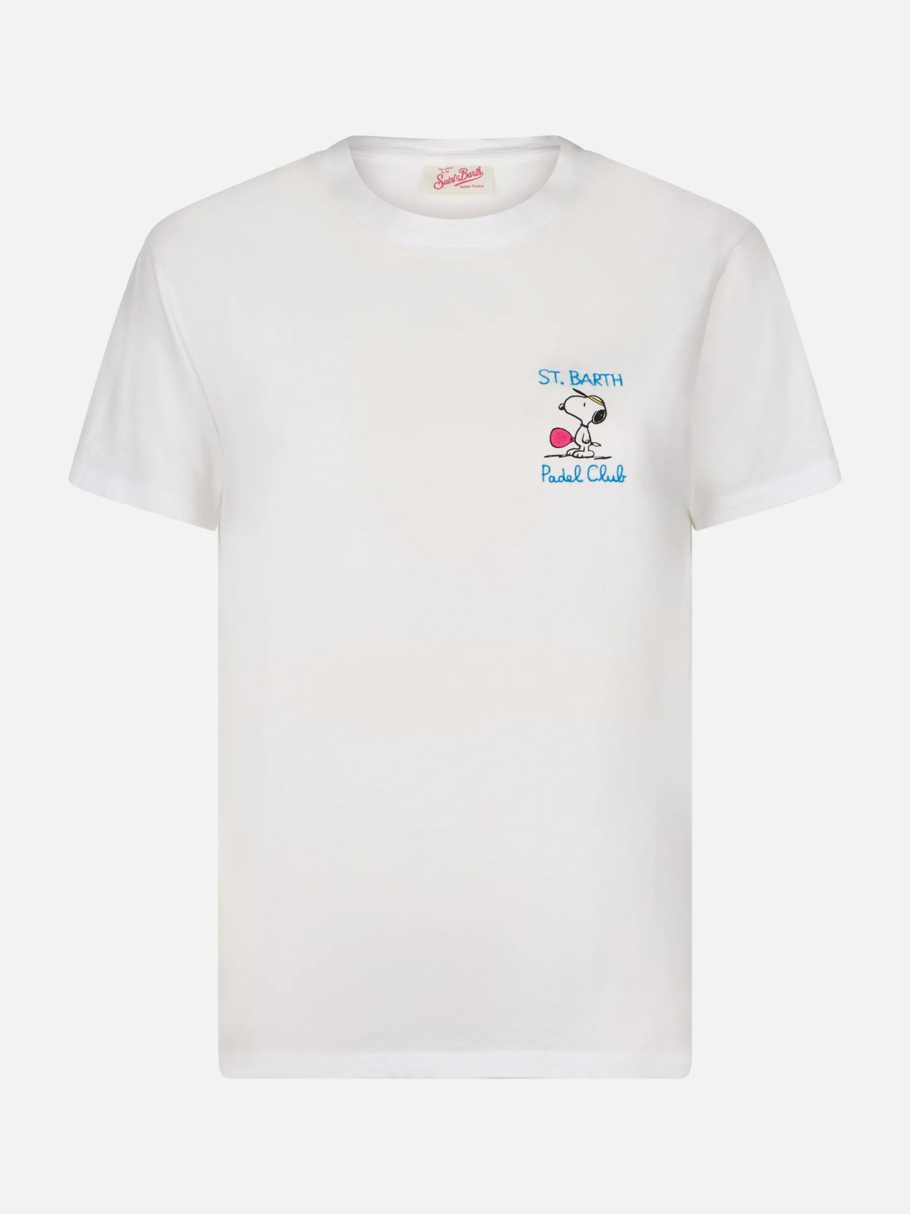 Rosafarbenes Rundhals-T-Shirt Emilie aus Baumwolljersey für Damen mit Snoopy St. Barth Padel Club-Stickerei | SNOOPY PEANUTS SPECIAL EDITION
