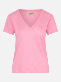 Rosafarbenes T-Shirt Eloise aus Leinenjersey mit V-Ausschnitt