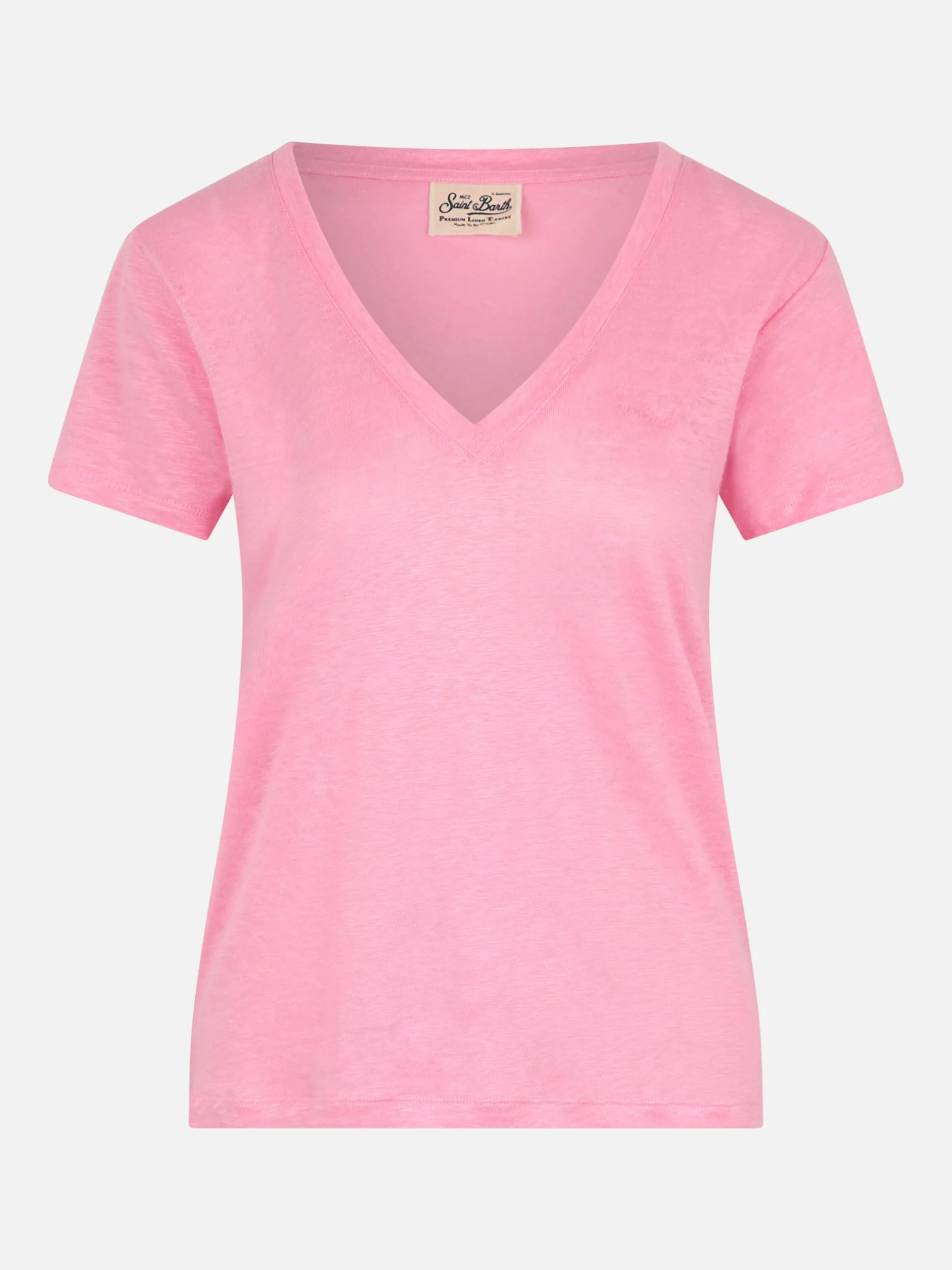 Rosafarbenes T-Shirt Eloise aus Leinenjersey mit V-Ausschnitt